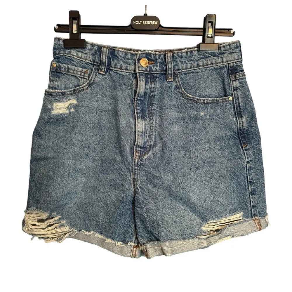 Zara High Rise Distressed Denim  Jean Shorts Size 8 Women's Blue Mom Cut Off EUC